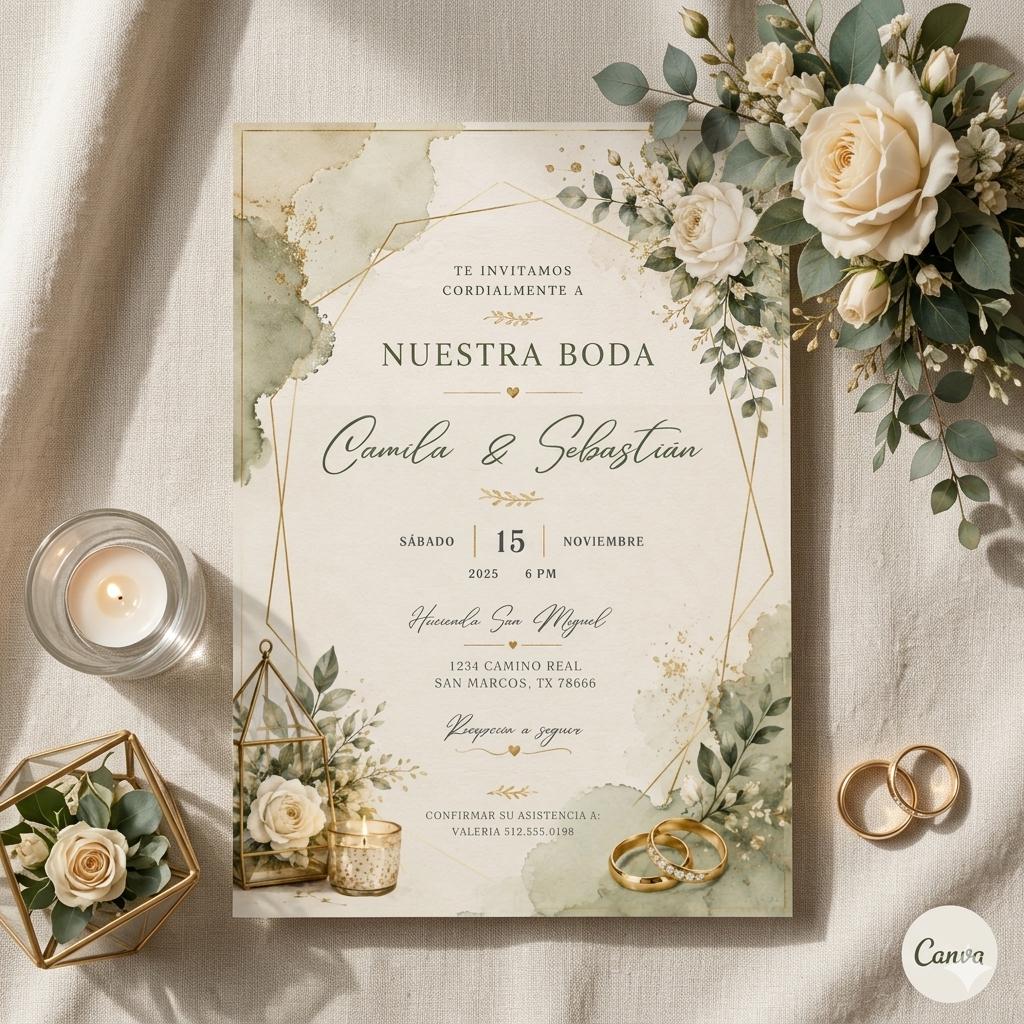 nvitación para Boda en Español para Editar, Elegant White Floral Engagement Ring Spanish Wedding Invitation Editable Wedding Canva Template
