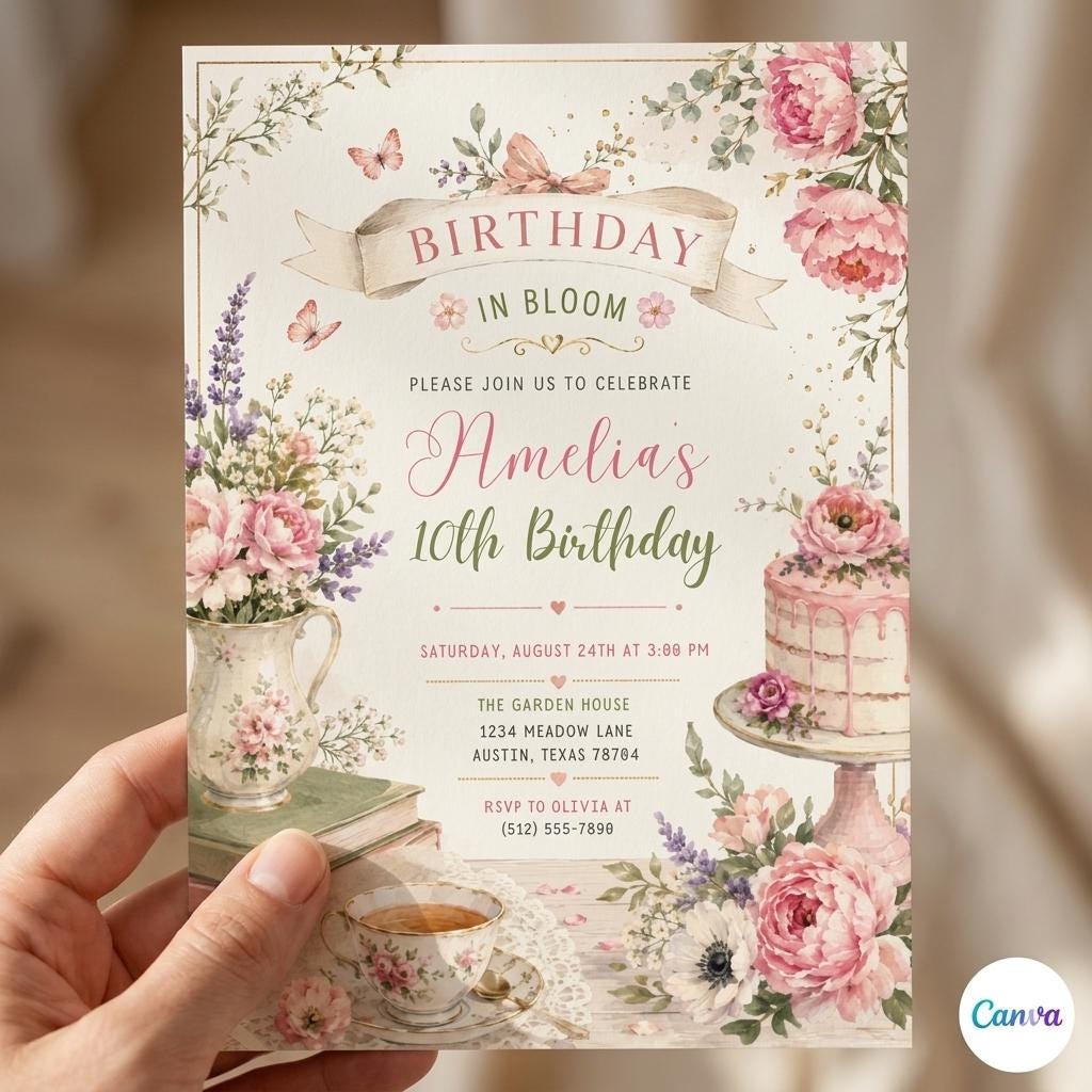 Editable Flower Bloom Invitation, Wildflower Birthday Invitation, Flower Stems, Boho Wildflower Party Printable Invitation Canva Template