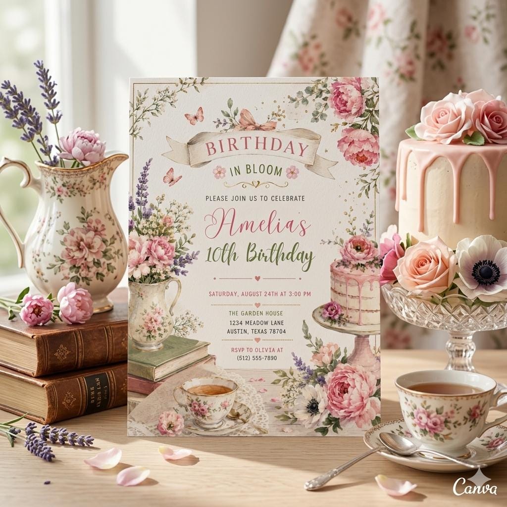 Editable Flower Bloom Invitation, Wildflower Birthday Invitation, Flower Stems, Boho Wildflower Party Printable Invitation Canva Template