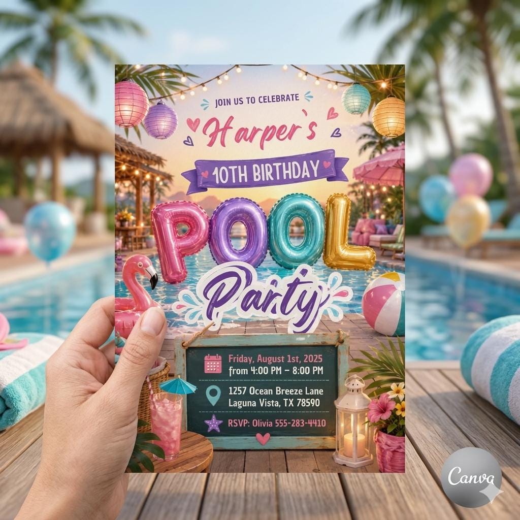 Editable Pool Party Birthday Invitation, Neon Glow Swim Invite for Boys Blue Green, Neon Pool Party Invitation, Editable Canva Template