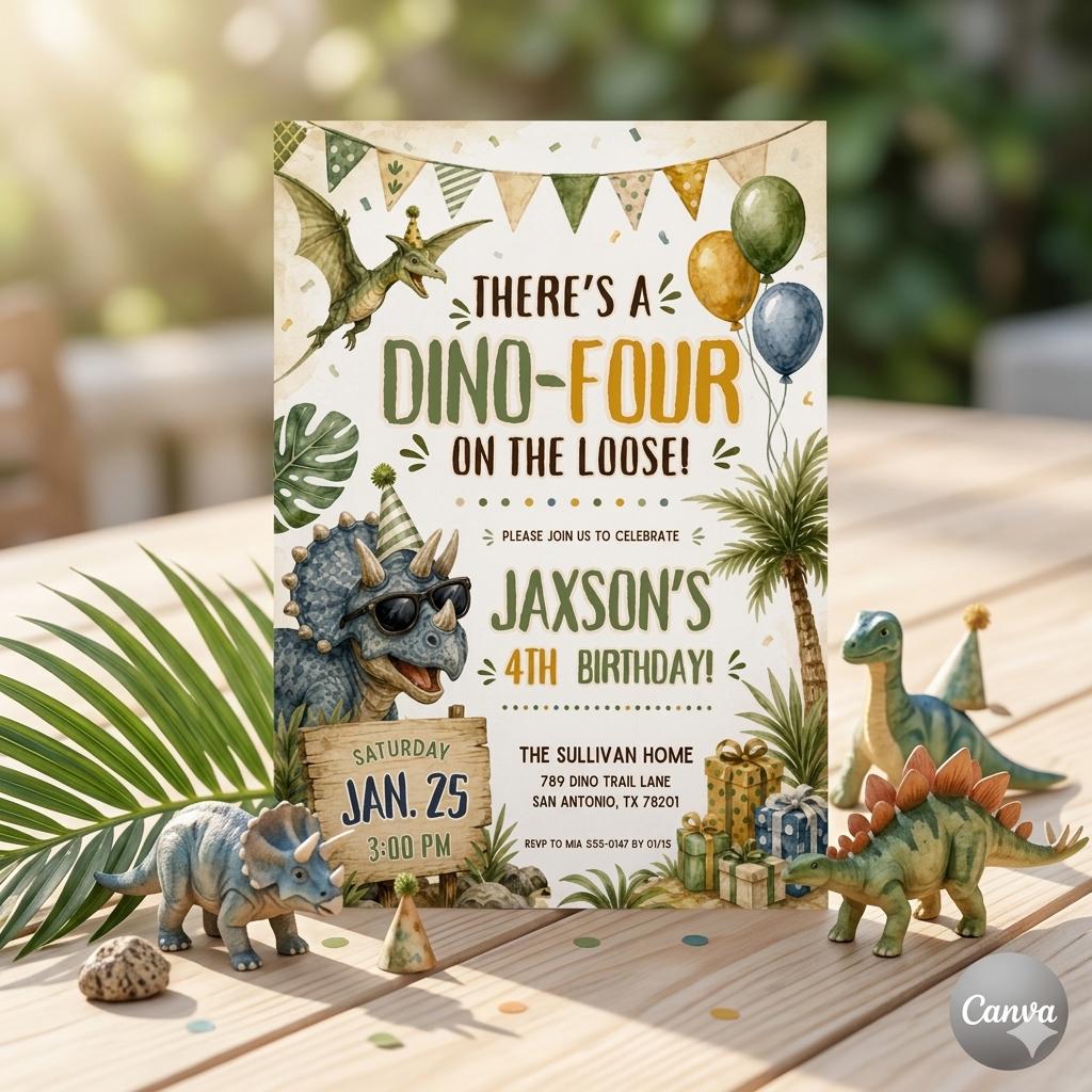 Dino Four Birthday Invitation, Dinosaur 4th Birthday Invite Boy, TRex Birthday Party Invitation, Dino Party Invite Printable, Canva template