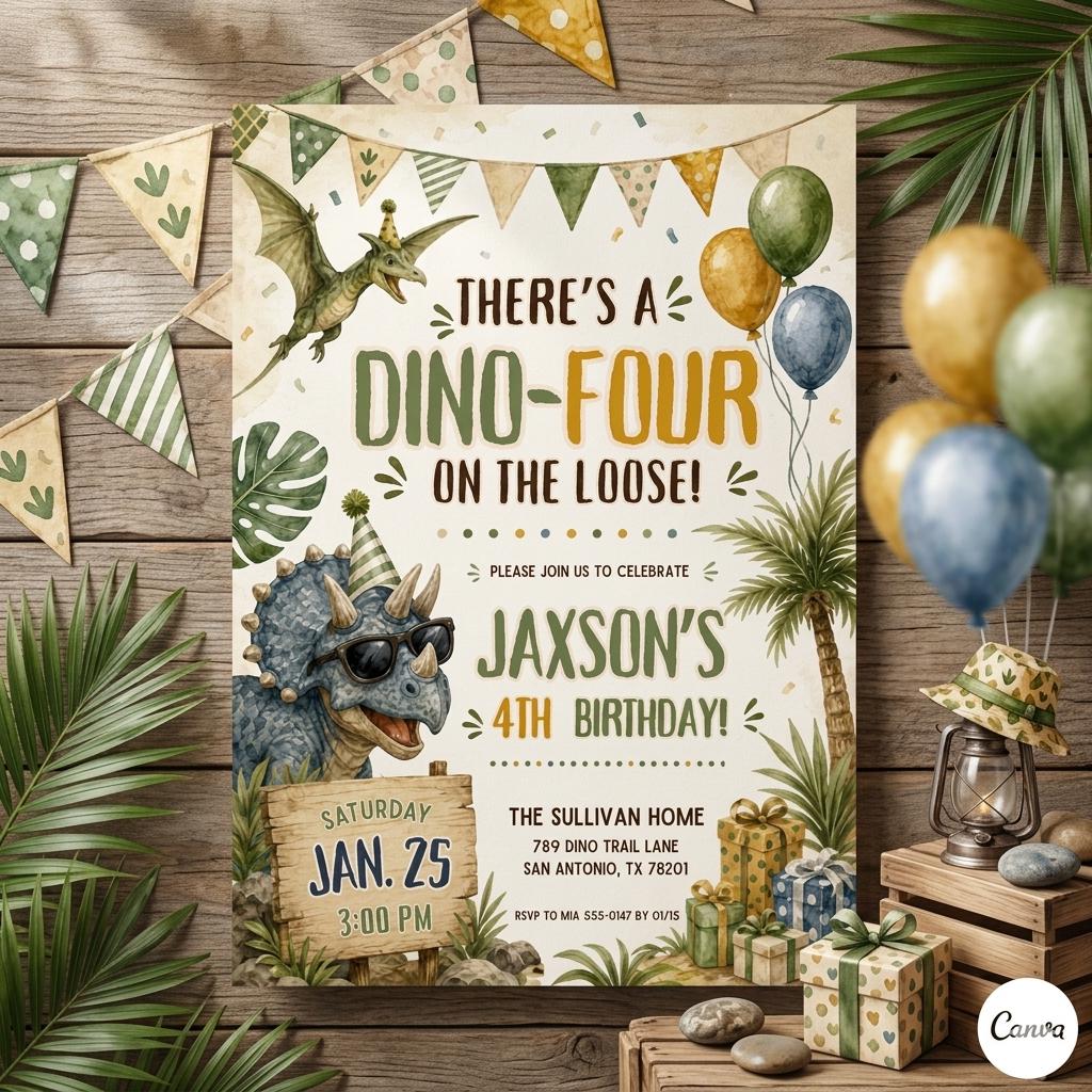 Dino Four Birthday Invitation, Dinosaur 4th Birthday Invite Boy, TRex Birthday Party Invitation, Dino Party Invite Printable, Canva template