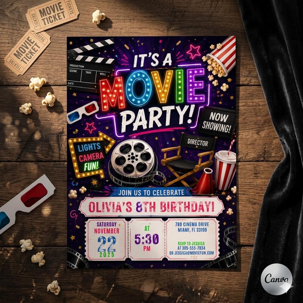 Movie Night Birthday Invitation, Movie Party Invitation, Cinema Invitation, Backyard Movie Night Birthday Birthday Invite, Editable Canva