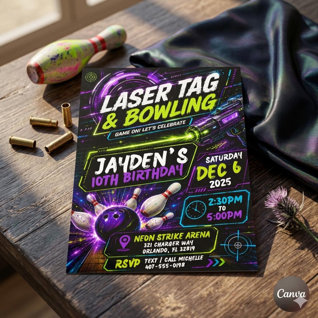 Laser Tag Bowling Birthday Invitation, Neon Laser Tag Invite, Glow Laser Tag Party, Arcade Game Kids, NEON Laser party, Editable Canva