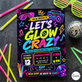 Printable editable Glow Party birthday invitation, Glow Crazy invite, Glow Party template, Neon Party invite digital template, girl birthday