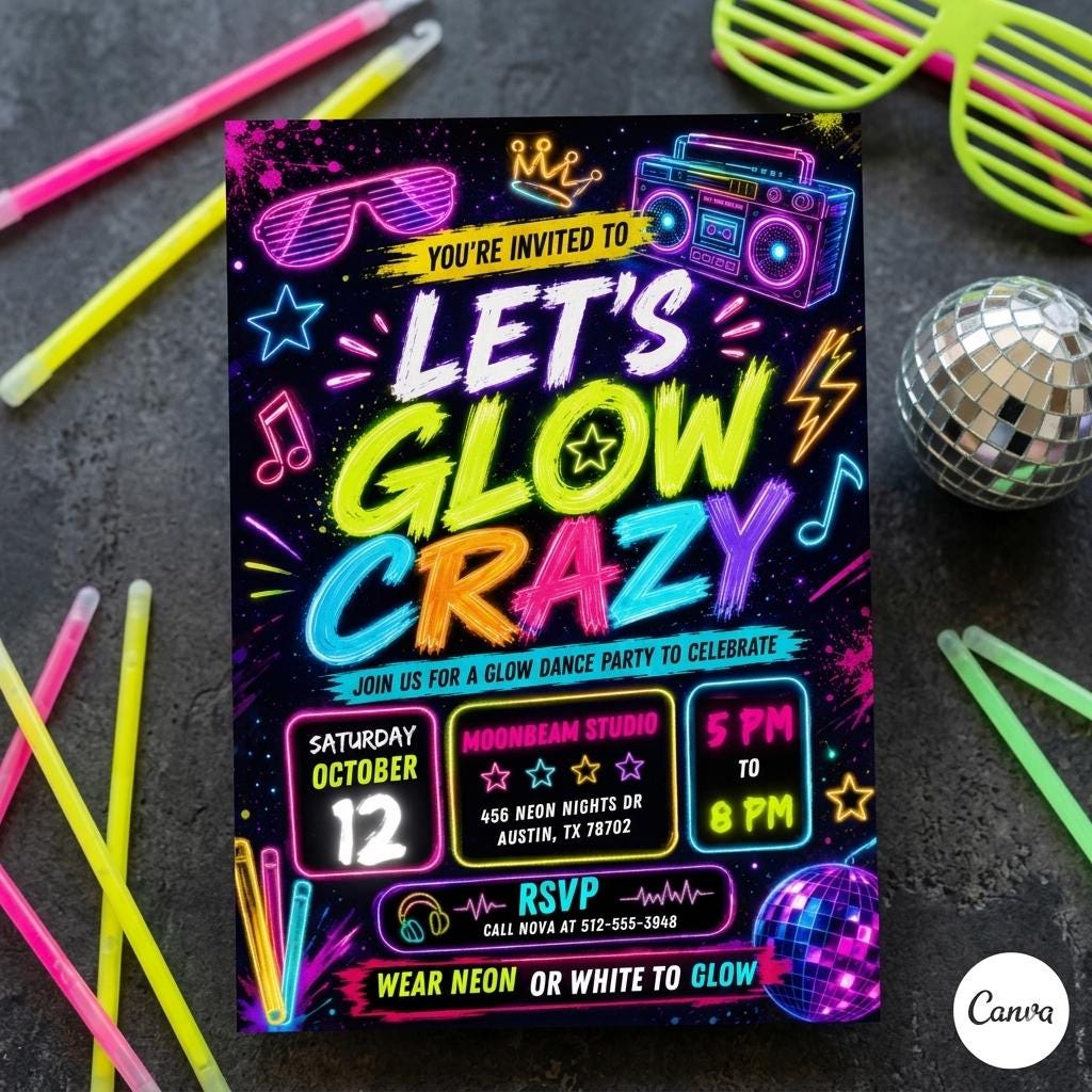 Printable editable Glow Party birthday invitation, Glow Crazy invite, Glow Party template, Neon Party invite digital template, girl birthday
