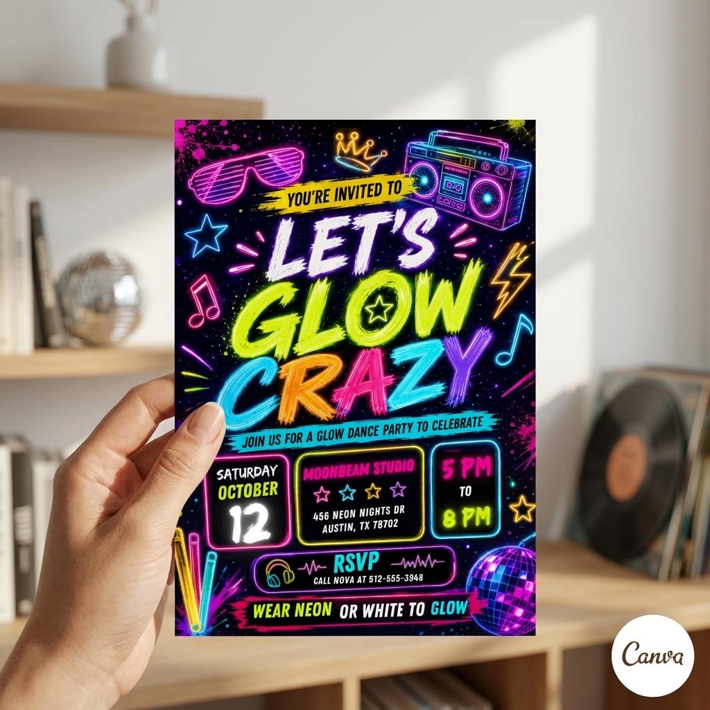 Printable editable Glow Party birthday invitation, Glow Crazy invite, Glow Party template, Neon Party invite digital template, girl birthday