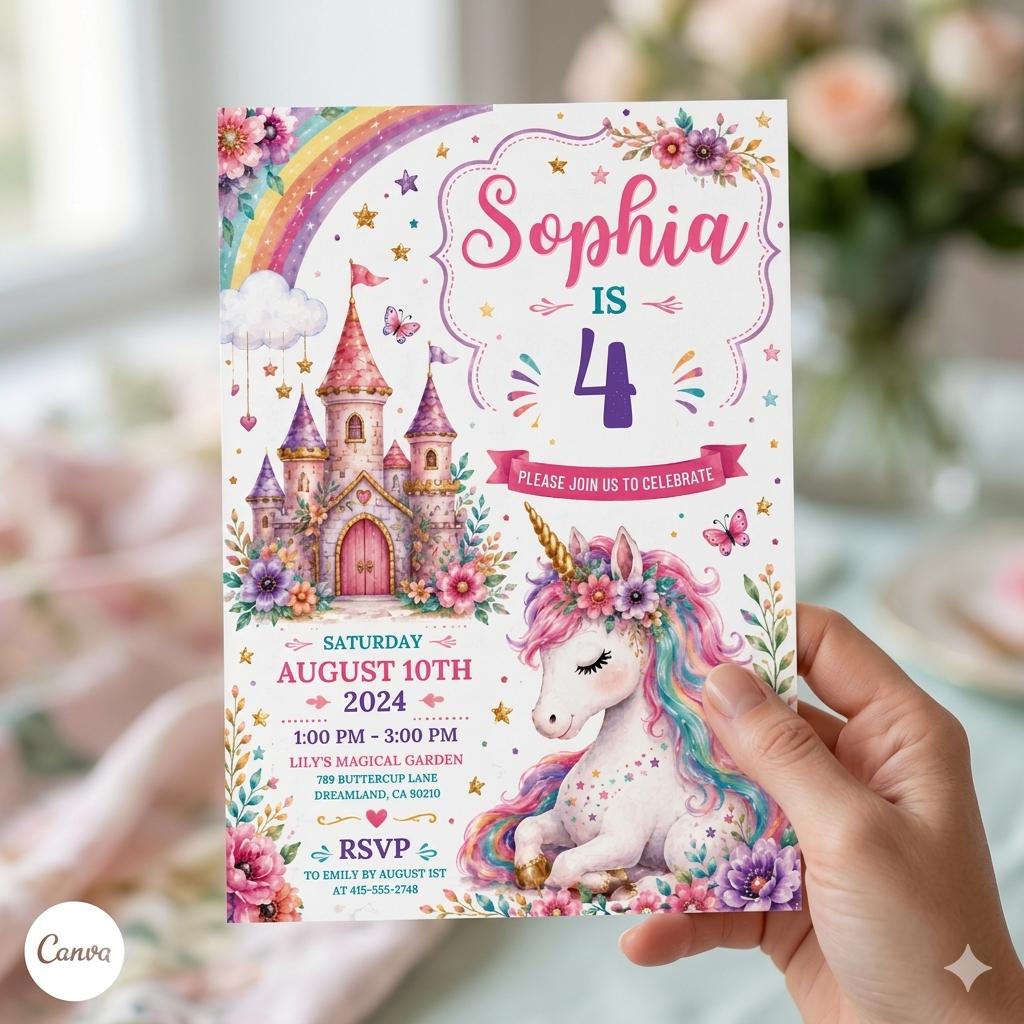 Editable Unicorn Birthday Invitation Magical Pastel Rainbow Unicorn Birthday Party Whimsical Fairytale Unicorn Princess Canva Template