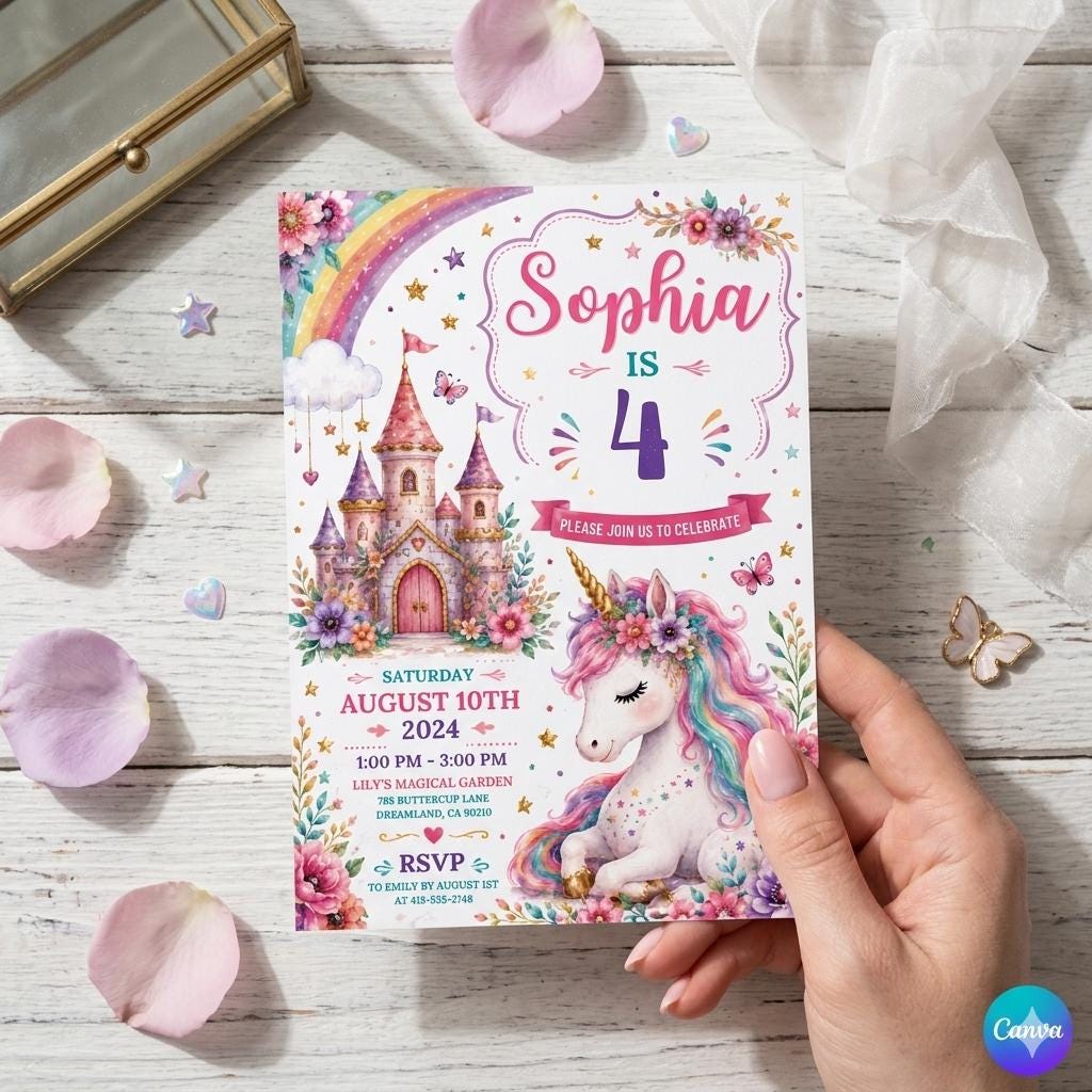 Editable Unicorn Birthday Invitation Magical Pastel Rainbow Unicorn Birthday Party Whimsical Fairytale Unicorn Princess Canva Template