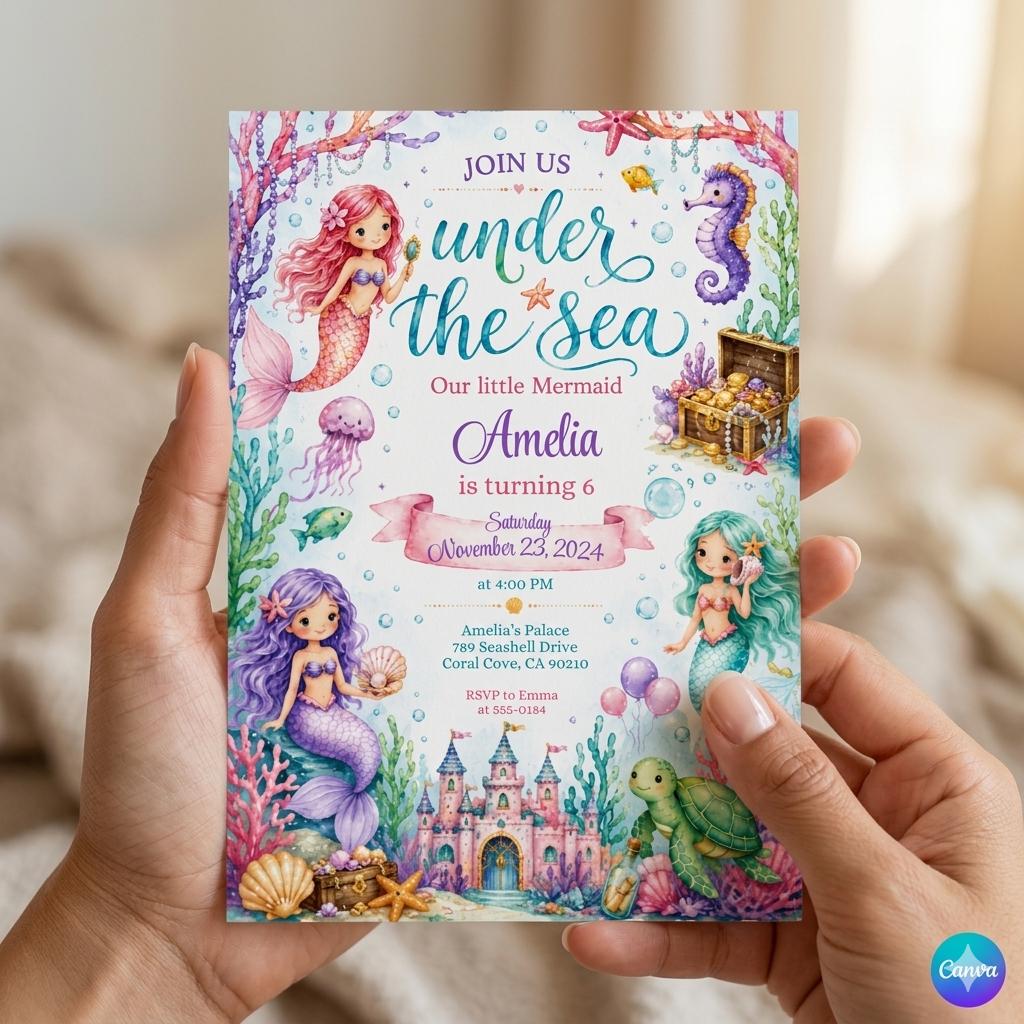 Mermaid Birthday Invitation Girl | Watercolor Mermaid Party Invite | Under the Sea Birthday | Pink Purple Mermaid | Editable Canva Printable