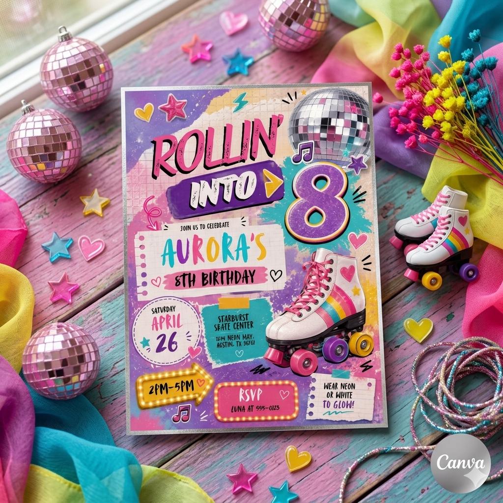 Editable Roller Skating Birthday Invitation, Retro Neon Glow Skate Party Invite, Rolling Into 8 Years Old Template, Editable Canva Template