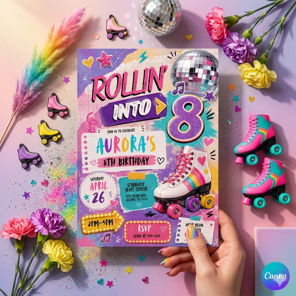 Editable Roller Skating Birthday Invitation, Retro Neon Glow Skate Party Invite, Rolling Into 8 Years Old Template, Editable Canva Template