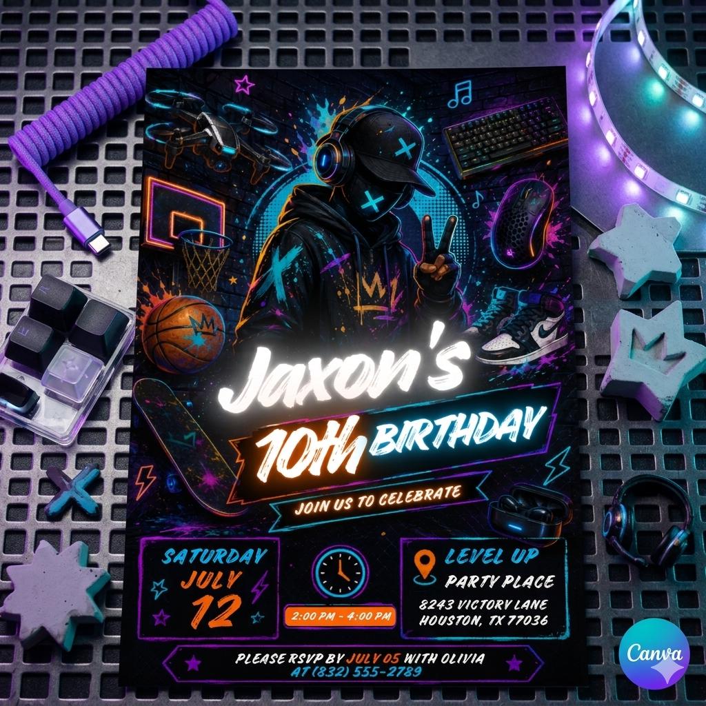 Teen Boy Birthday Party, Gaming invite, Basketball, Pizza & Music Theme, Tween Party Invite, Editable 10th Birthday Invitation, Canva invite