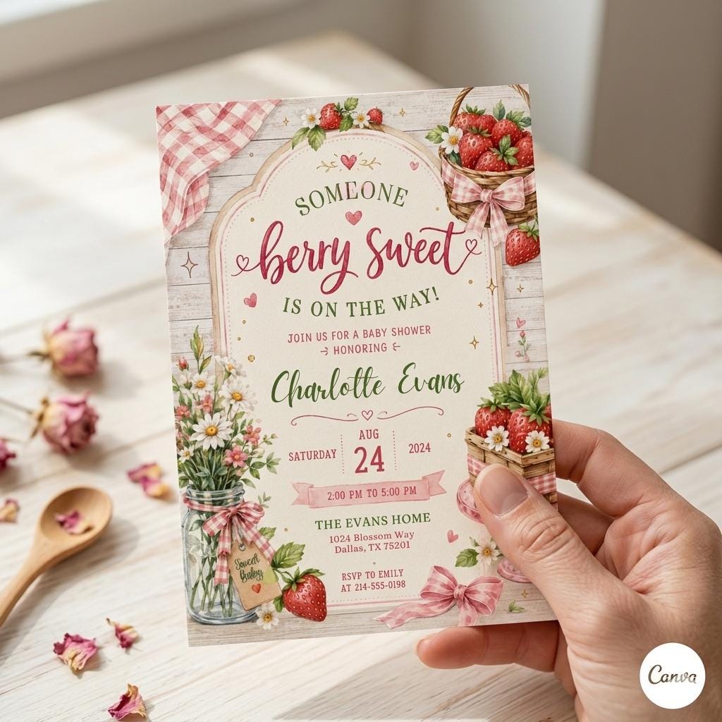 Strawberry Baby Shower Invitation Template, Berry Sweet Baby on the Way Invite, Berry Sweet Invitation, Printable Invite, Canva template
