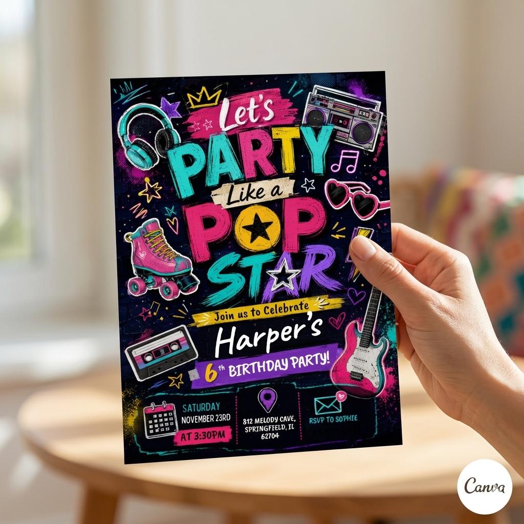 Pop Star Music Birthday Invitation, Pop Star Birthday Party, Neon Glow Party Like A Pop Star Girl Birthday Invite, Editable Canva Template