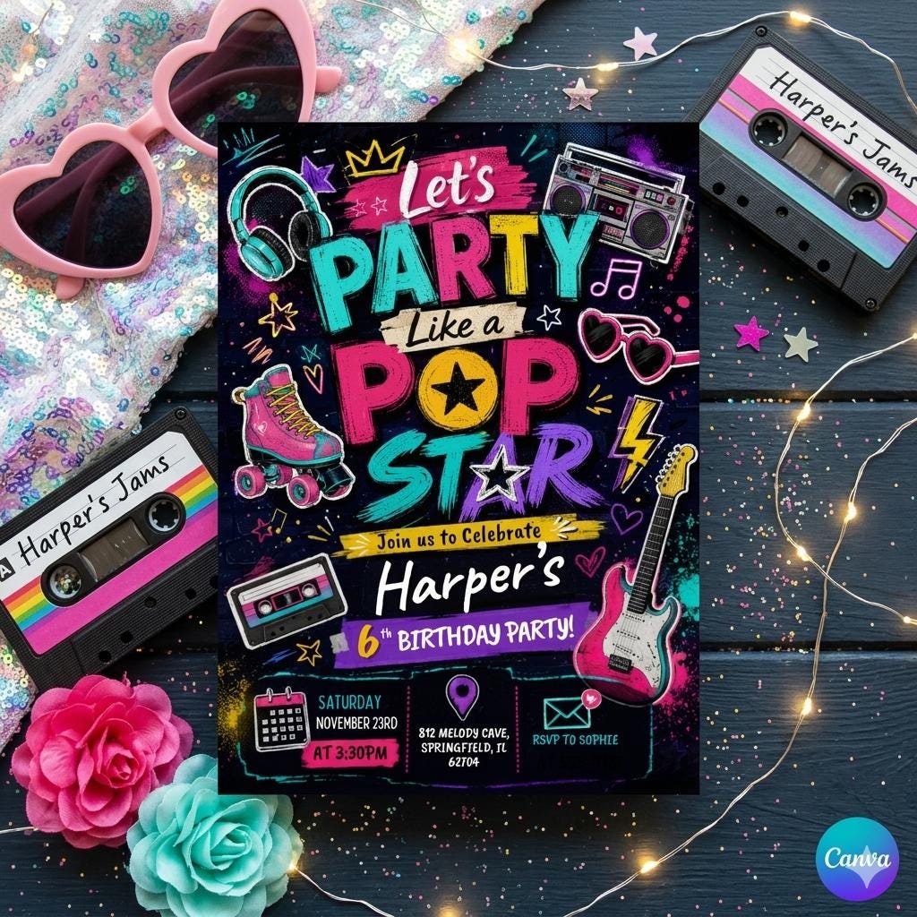 Pop Star Music Birthday Invitation, Pop Star Birthday Party, Neon Glow Party Like A Pop Star Girl Birthday Invite, Editable Canva Template