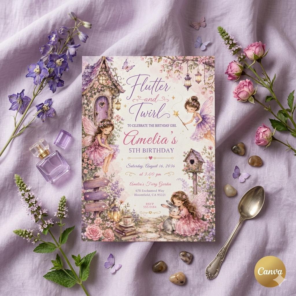 Editable Flutter and Twirl Little Fairy Birthday Invitation, Wildflower Fairy Birthday, Girl Pink Floral Fairy Birthday, Canva Template
