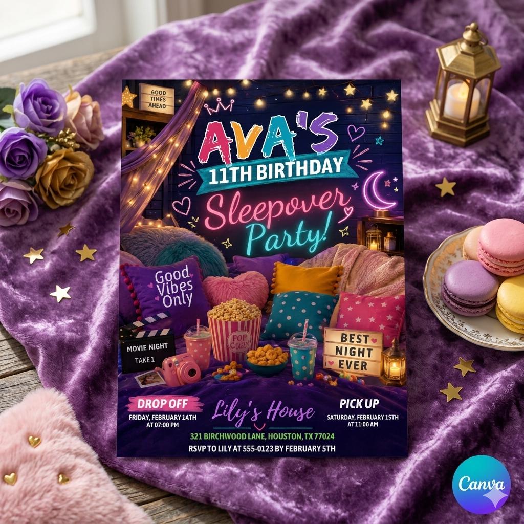 Editable Sleepover Party Invitation - Slumber Birthday Invite, Girls Sleepover Birthday Invitations, Pink Slumber Party, Canva template