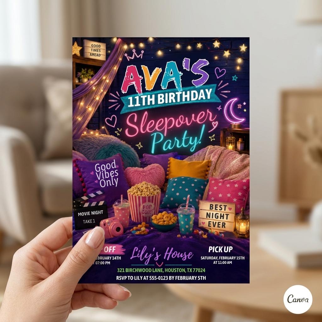 Editable Sleepover Party Invitation - Slumber Birthday Invite, Girls Sleepover Birthday Invitations, Pink Slumber Party, Canva template