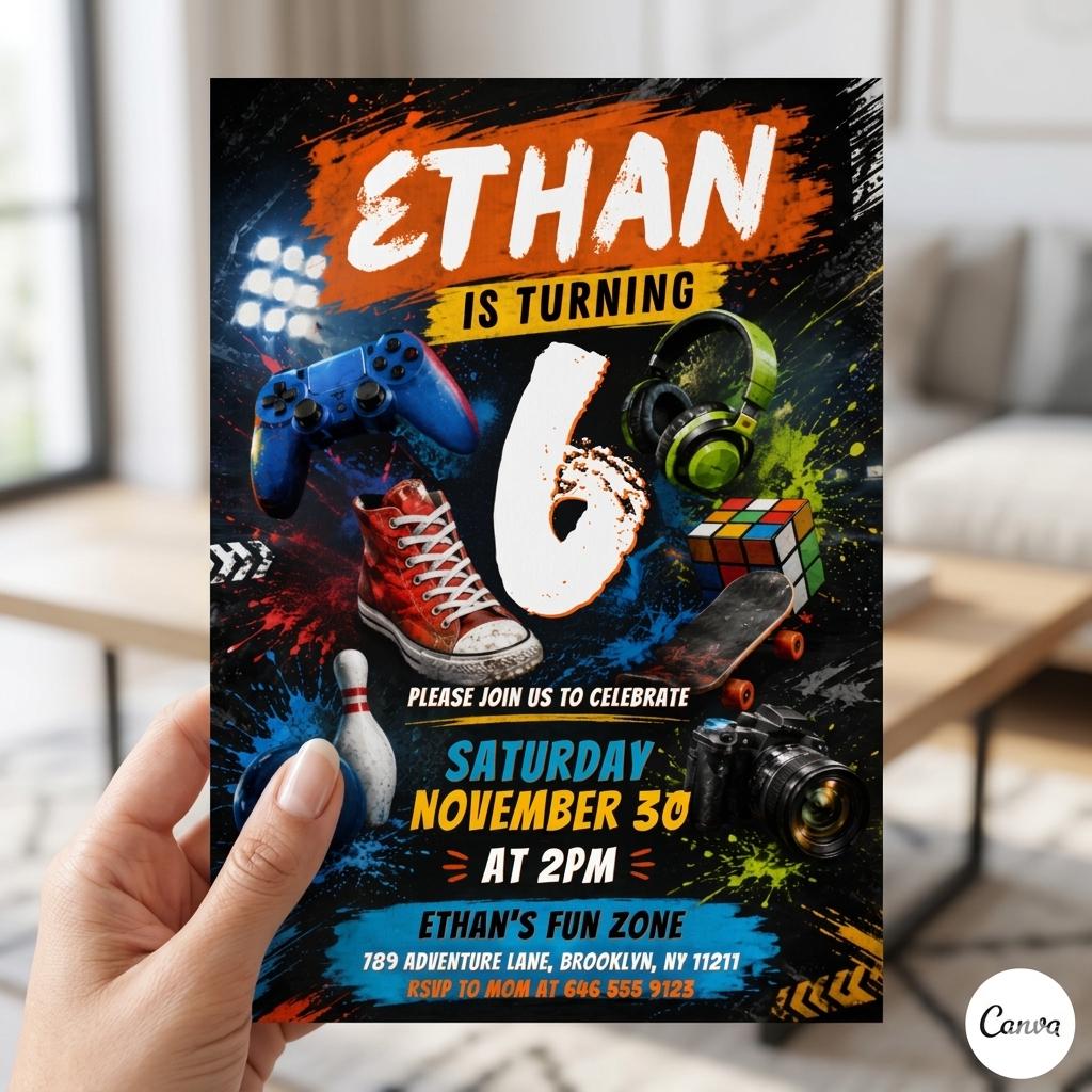 Sports Birthday Invitation, Editable Canva Template, Printable All-Star Party Invite, Multi-Sport Theme Birthday Card for Kids