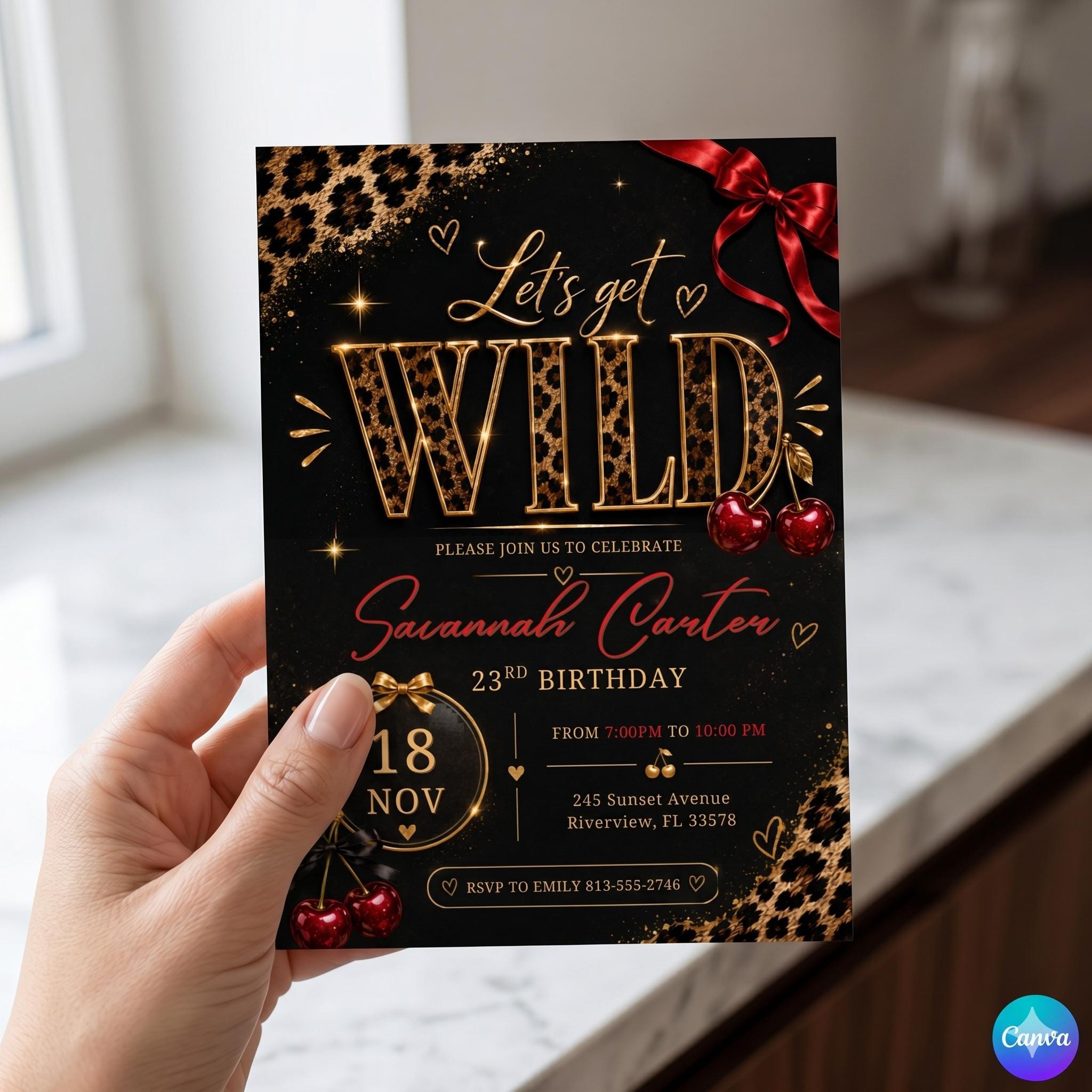 Leopard Print, Let’s Get Wild Birthday Invitation, 21st Bday, Girls Night Out, Cherry & Animal Print Party Invite, Cheetah Cherry