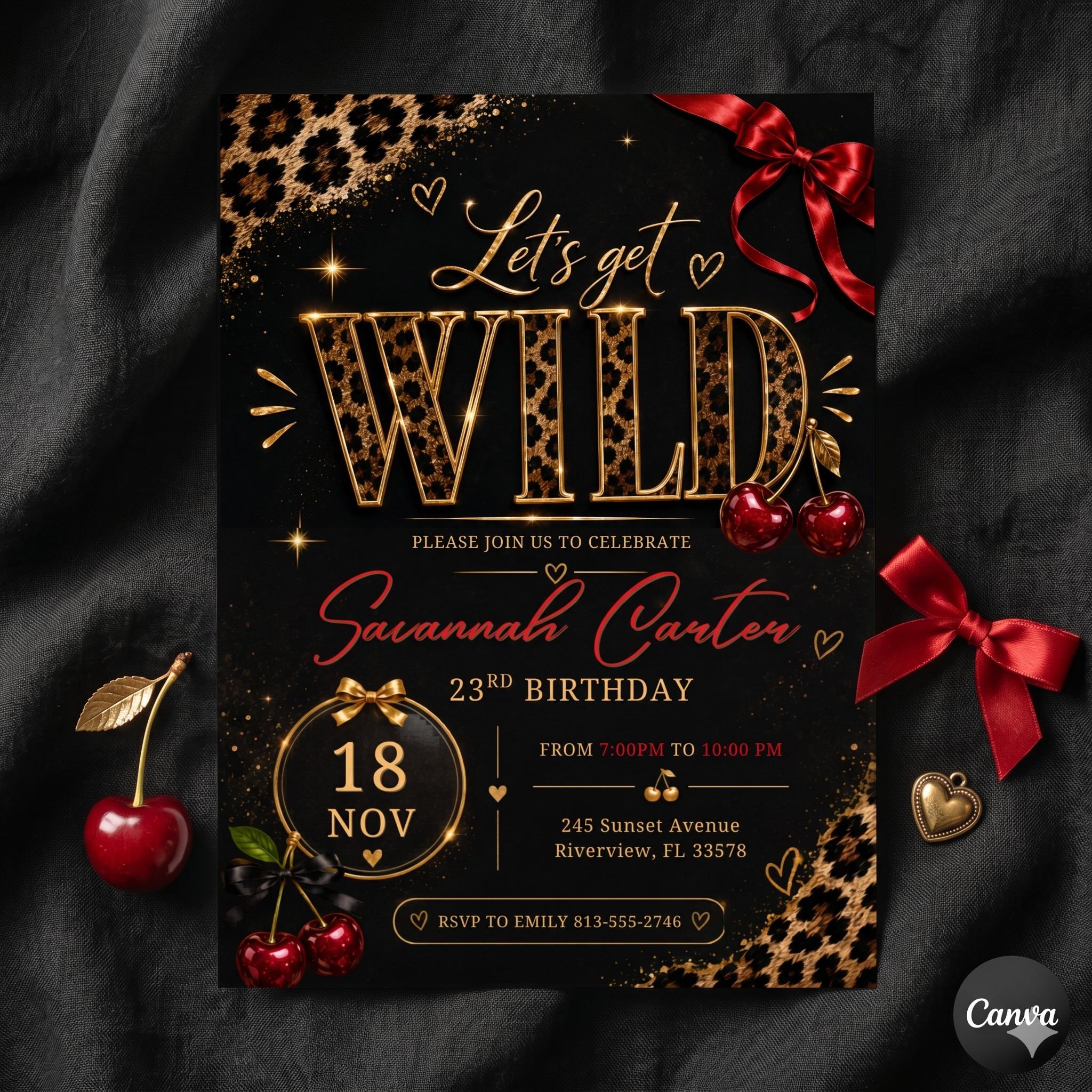 Leopard Print, Let’s Get Wild Birthday Invitation, 21st Bday, Girls Night Out, Cherry & Animal Print Party Invite, Cheetah Cherry