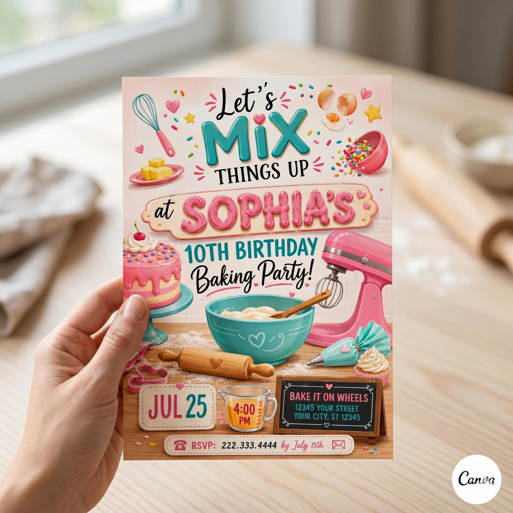 Baking Birthday Invitation, Girls Cupcake Party, Editable Canva Template (Digital Download)