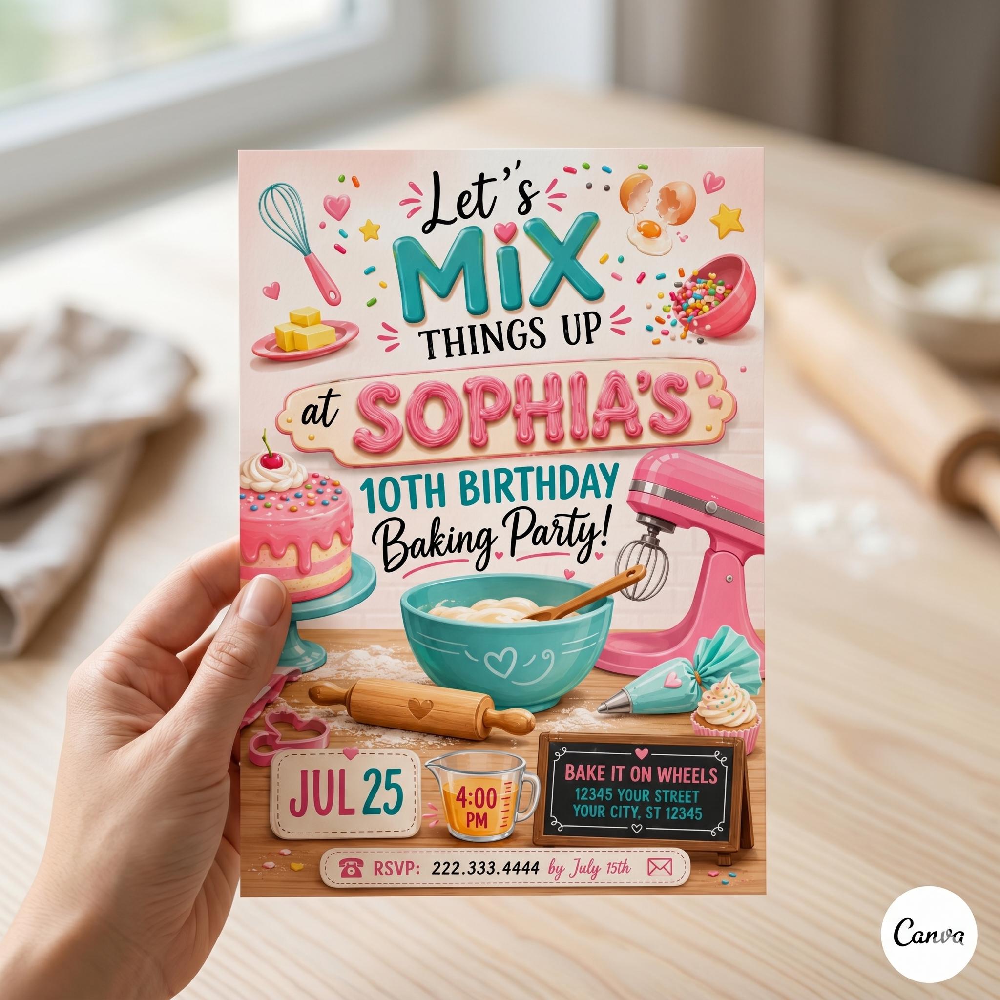 Baking Birthday Invitation, Girls Cupcake Party, Editable Canva Template (Digital Download)