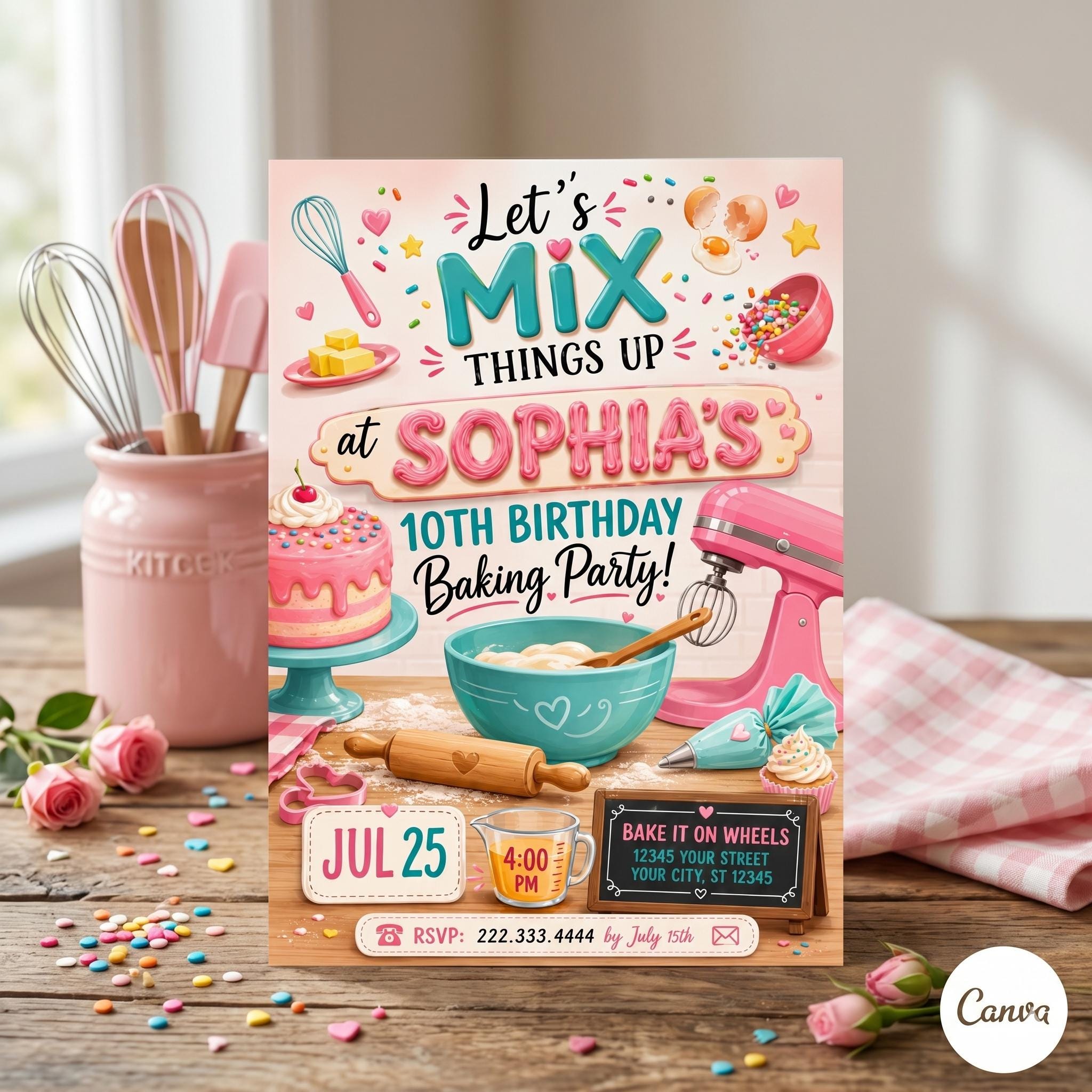 Baking Birthday Invitation, Girls Cupcake Party, Editable Canva Template (Digital Download)