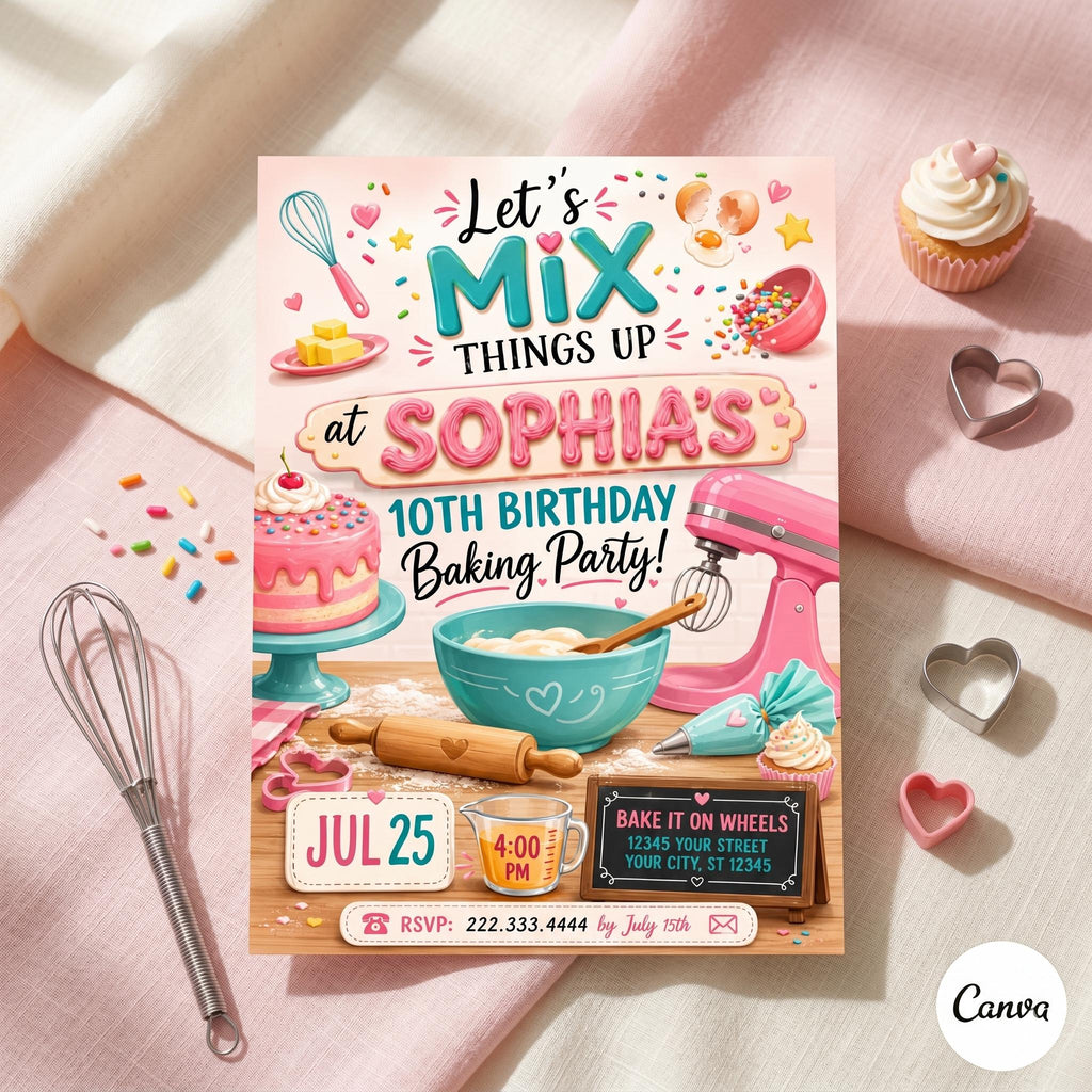 Baking Birthday Invitation, Girls Cupcake Party, Editable Canva Template (Digital Download)