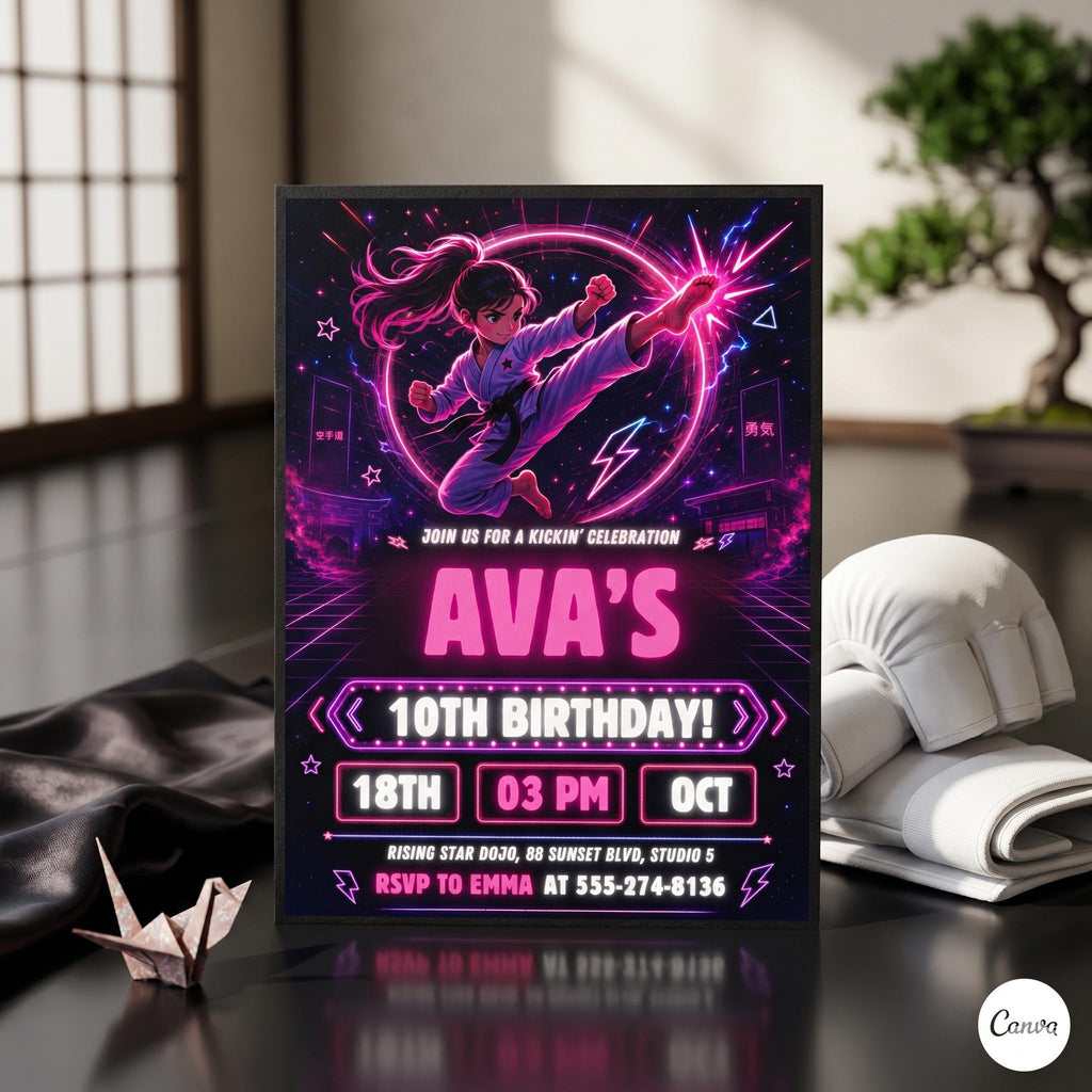 Karate Birthday Invitation, Martial Arts Party Invite, Neon Theme (Digital Download)
