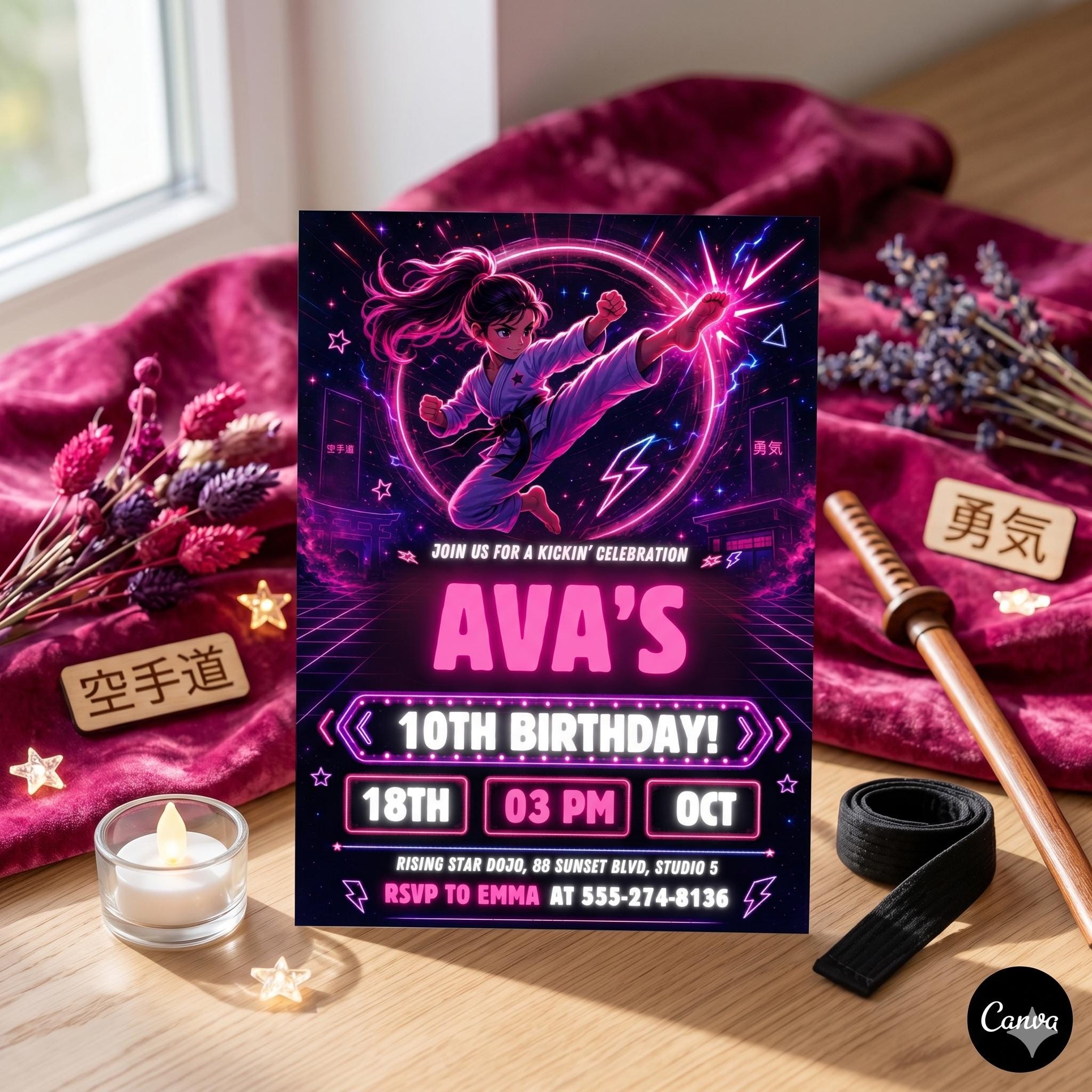 Karate Birthday Invitation, Martial Arts Party Invite, Neon Theme (Digital Download)