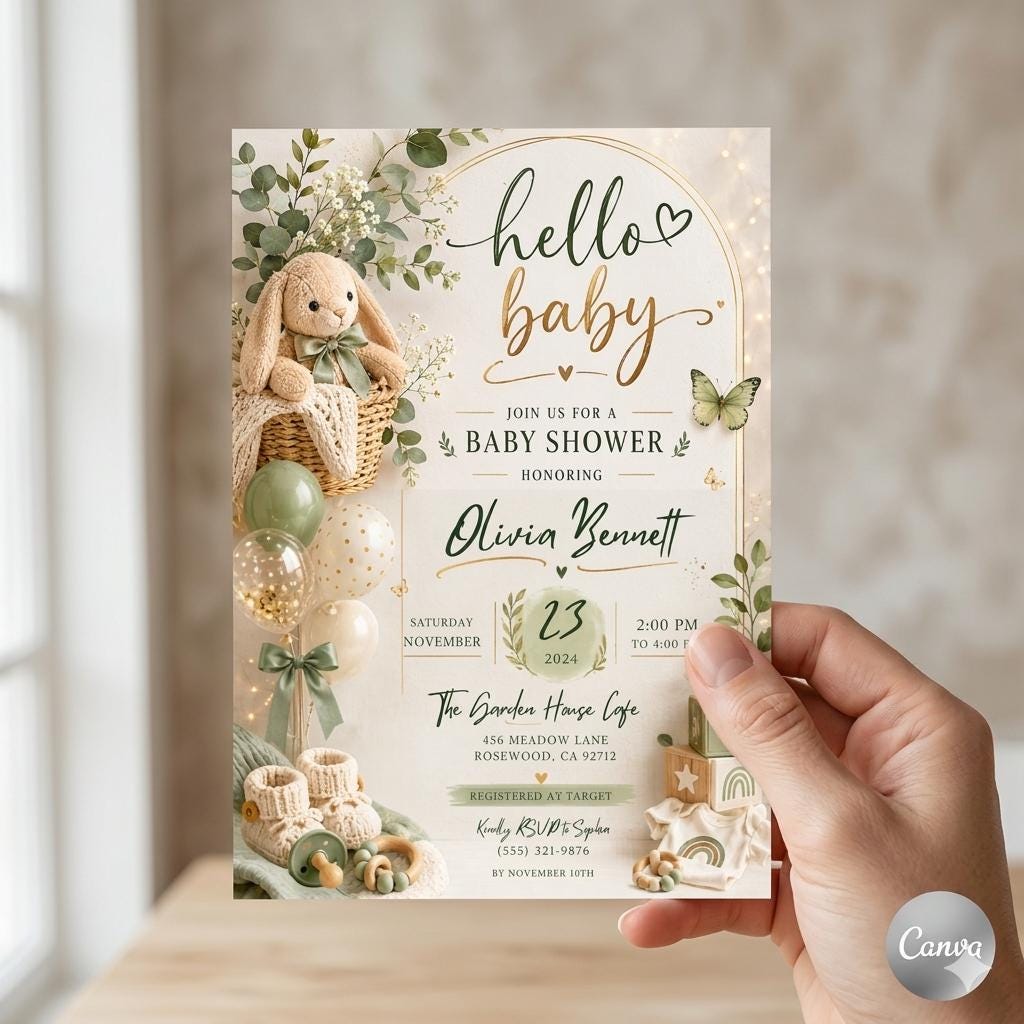 Hello Baby Baby Shower Invitation Floral Baby Invite Baby Shower Boho Flower Arch Invitation Modern Neutral Beige Flowers
