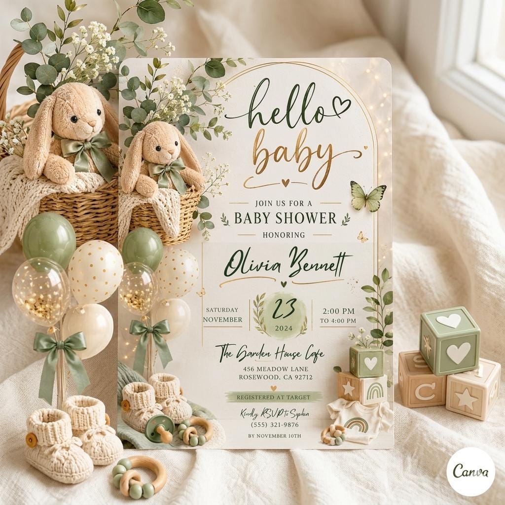 Hello Baby Baby Shower Invitation Floral Baby Invite Baby Shower Boho Flower Arch Invitation Modern Neutral Beige Flowers