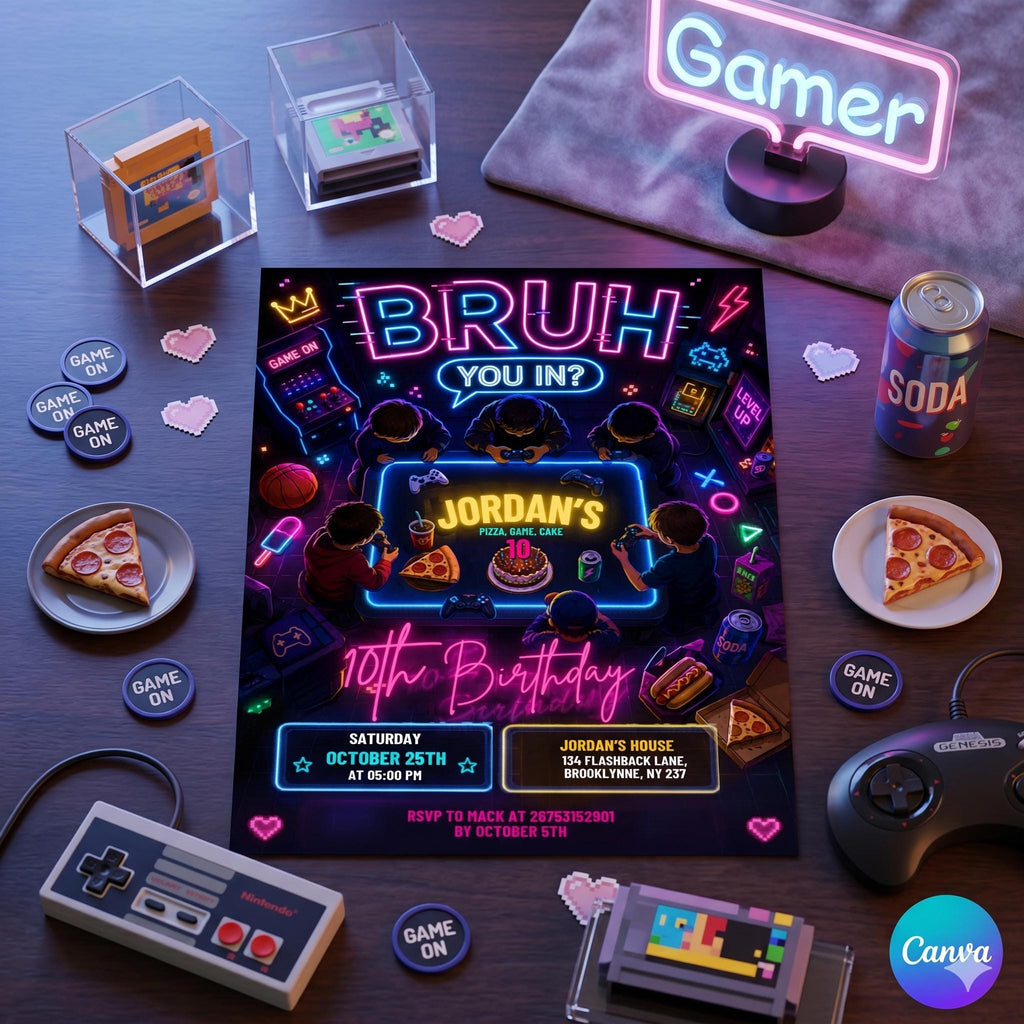 Neon Gamer Birthday Invitation, Teenager Invite, Canva Template (Digital Download)