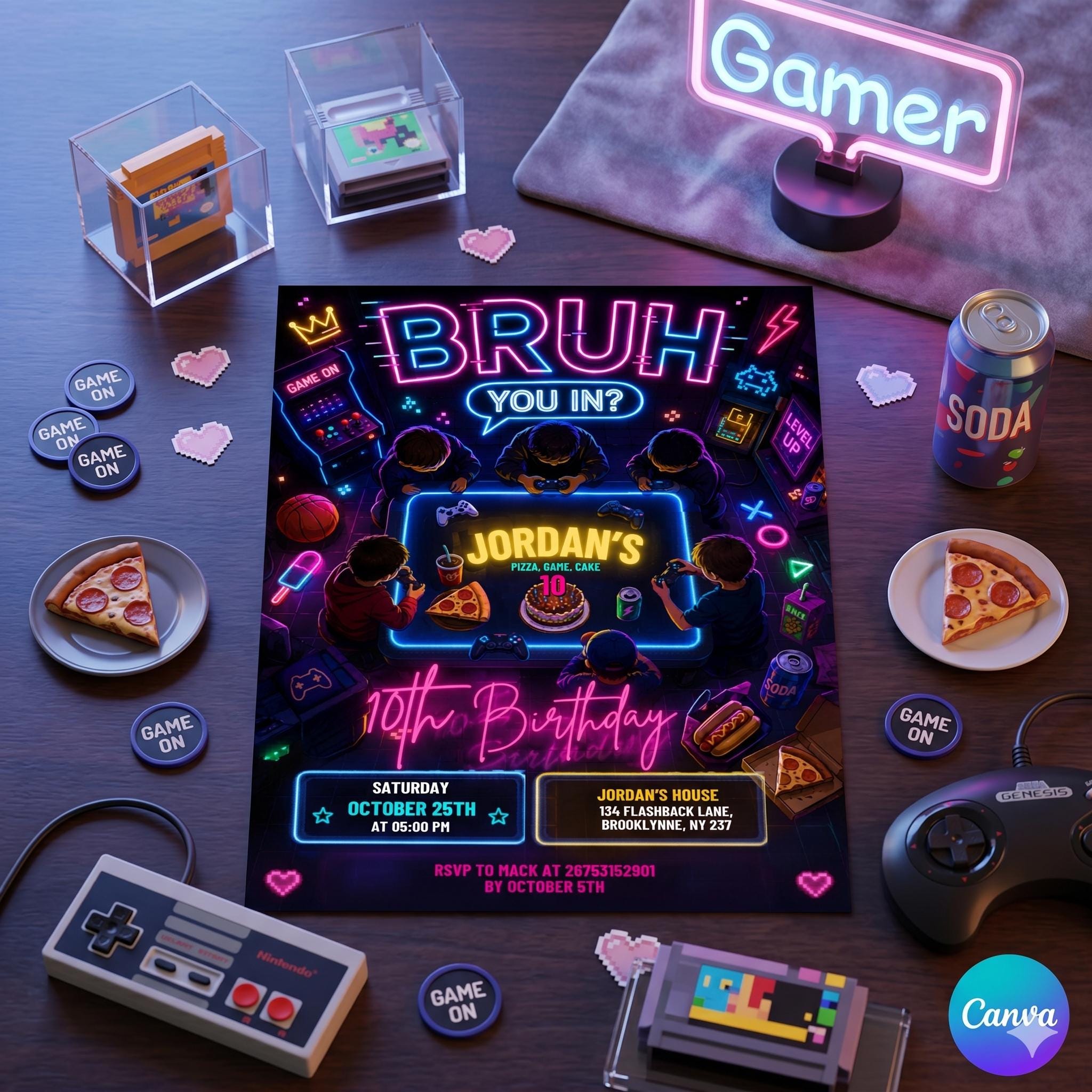Neon Gamer Birthday Invitation, Teenager Invite, Canva Template (Digital Download)