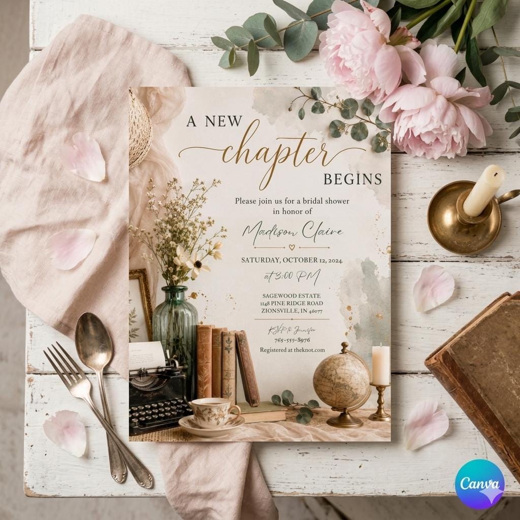 A New Chapter Begins Baby Shower Invitation, Storybook Baby Shower Invite, Gender Neutral, Bridal Shower Invitation, Editable Canva Template