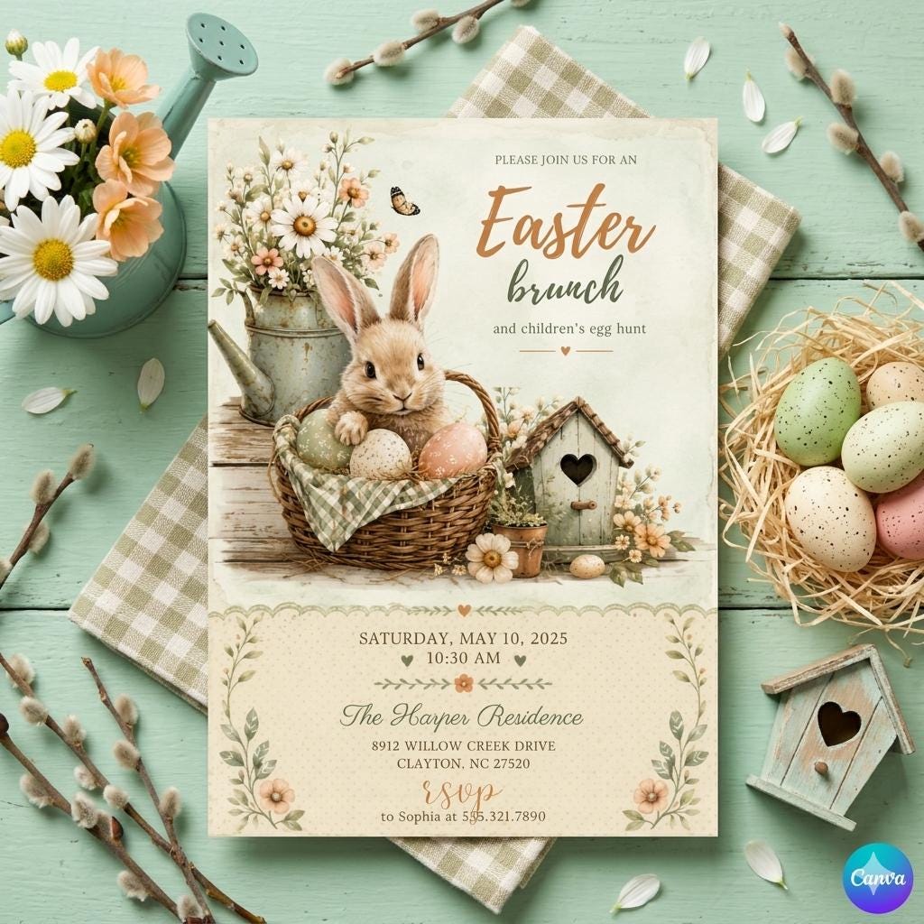 Easter Brunch Invitation Template: Bunny, Eggs, Flowers ,Blush Pink Brunch Bridal Shower Invitation , Champagne Brunch (Digital Download)