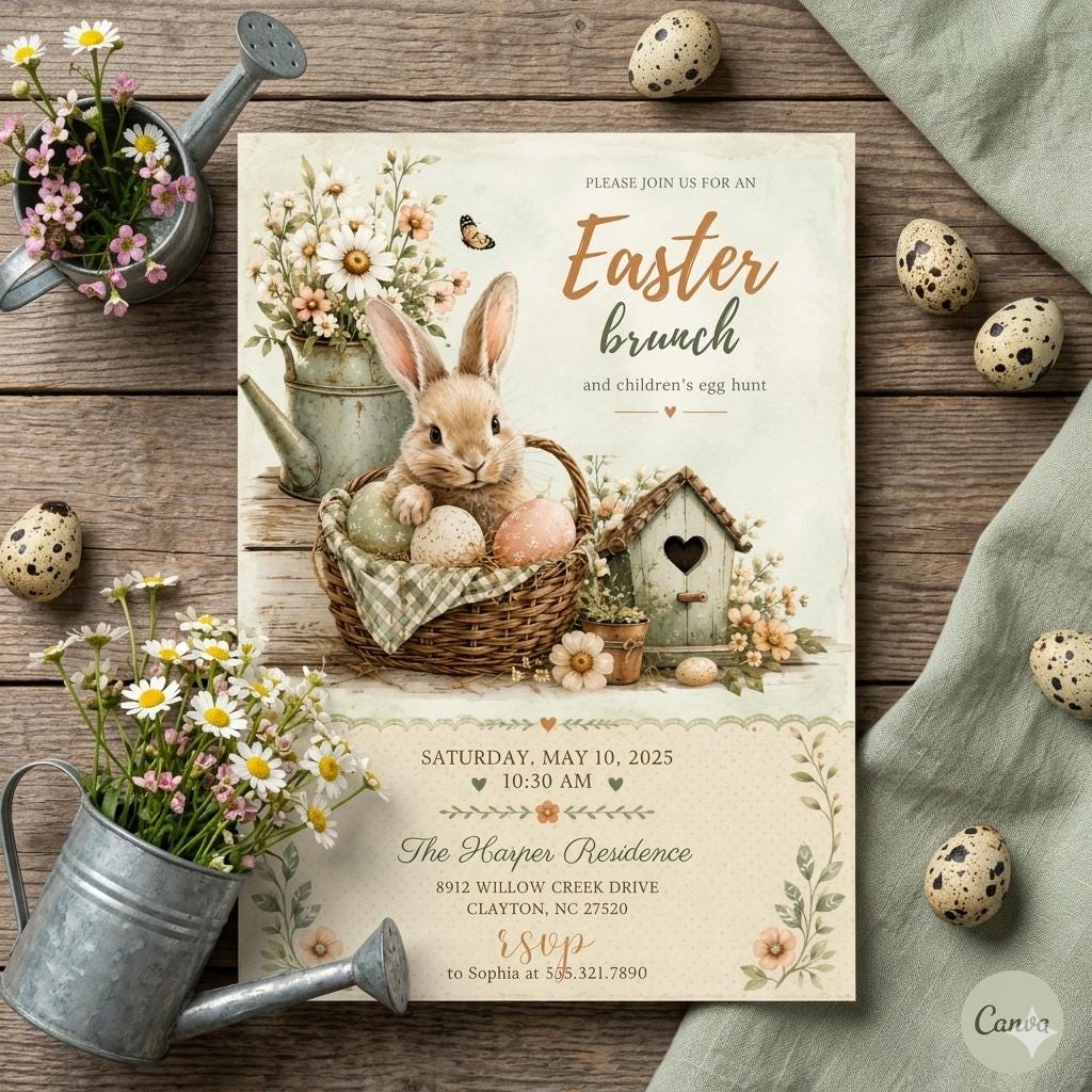 Easter Brunch Invitation Template: Bunny, Eggs, Flowers ,Blush Pink Brunch Bridal Shower Invitation , Champagne Brunch (Digital Download)