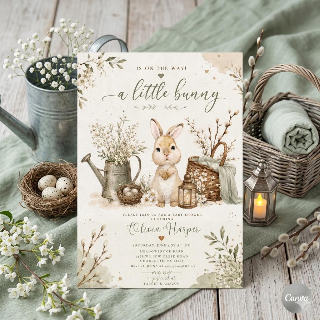 Editable Bunny Birthday Invitation, A Little Bunny is on the Way Baby Shower Invite (Digital Download)