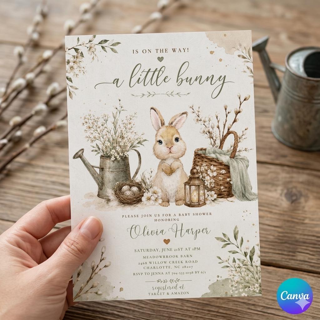 Editable Bunny Birthday Invitation, A Little Bunny is on the Way Baby Shower Invite (Digital Download)
