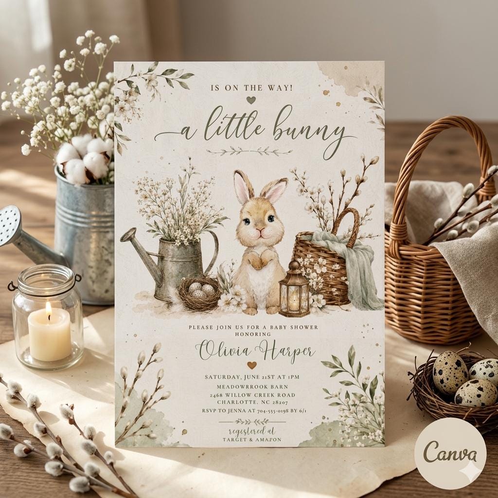 Editable Bunny Birthday Invitation, A Little Bunny is on the Way Baby Shower Invite (Digital Download)