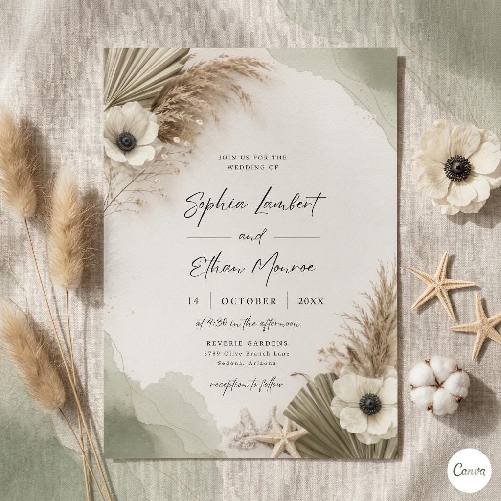 Boho Wedding Invitation, Rustic Fall Photo Invite, Cream Canva Template (Digital Download)