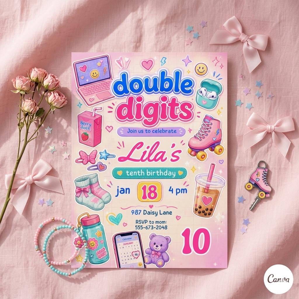 Hello Double Digits girl birthday invitation, 10th birthday party invitation, Preppy invitation editable, ten birthday invitation