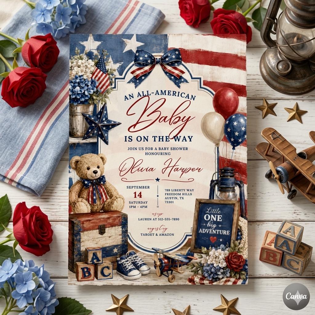 All American Girl Baby Shower, Editable Girl Baby Shower Party Kit, 4th Of July Theme Baby Shower Invite Template
