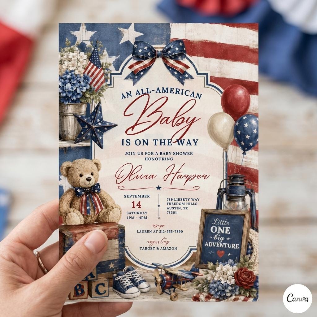 All American Girl Baby Shower, Editable Girl Baby Shower Party Kit, 4th Of July Theme Baby Shower Invite Template