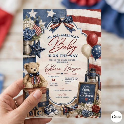 All American Girl Baby Shower, Editable Girl Baby Shower Party Kit, 4th Of July Theme Baby Shower Invite Template