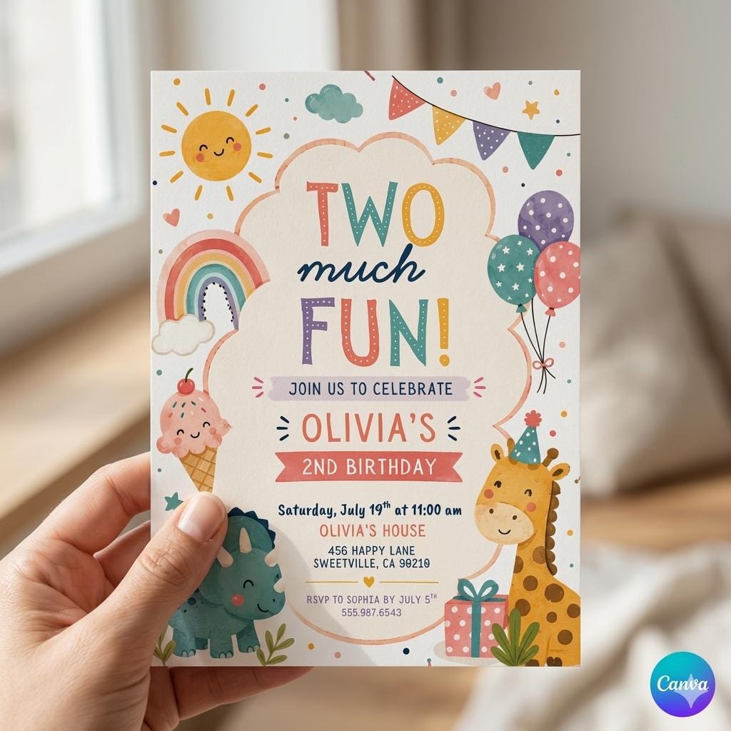 Two Much Fun Birthday Invite, Colorful 2nd Birthday Template, Editable Girl Party Invite, Watercolor, Gingham, Rainbow, Canva Template