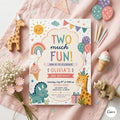Two Much Fun Birthday Invite, Colorful 2nd Birthday Template, Editable Girl Party Invite, Watercolor, Gingham, Rainbow, Canva Template
