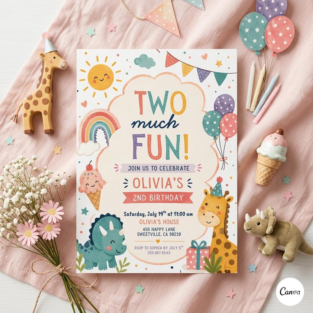 Two Much Fun Birthday Invite, Colorful 2nd Birthday Template, Editable Girl Party Invite, Watercolor, Gingham, Rainbow, Canva Template